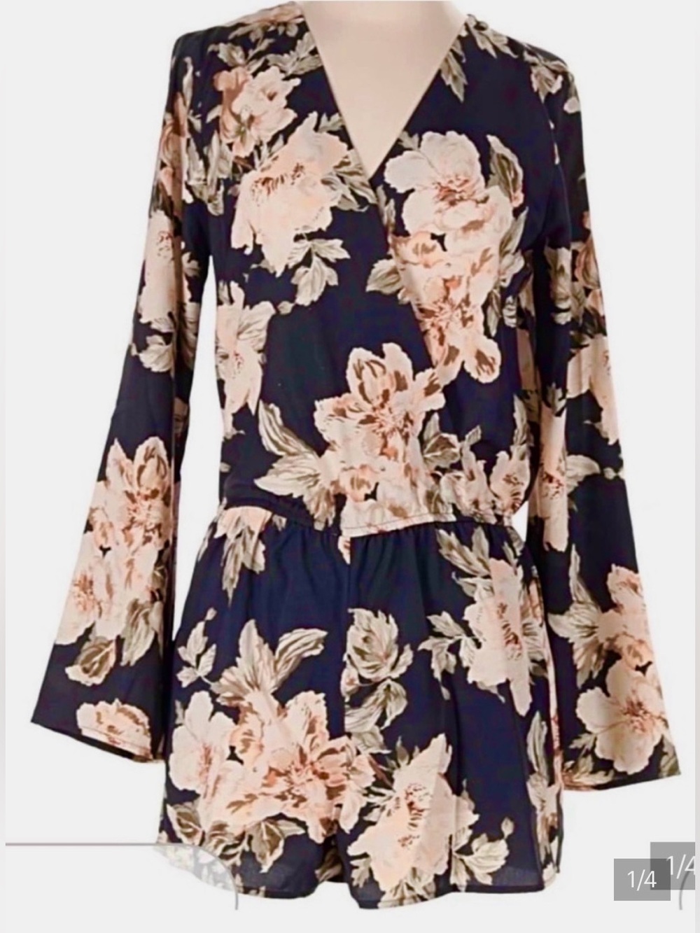 Lulus Floral Wrap Romper Black Pink Bell Sleeve Long Sleeve Romper M Like New